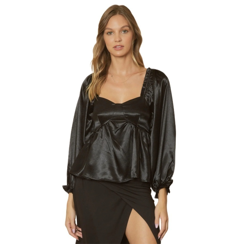 Entro Black Whimsigoth Babydoll Ruffle Balloon Sleeve Satin Top Size Small